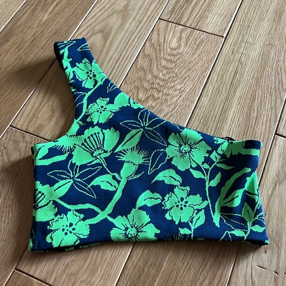 ZARA Jacquard top with asymmetric neckline and strap Blue Green Crop Top Medium - Picture 14 of 16